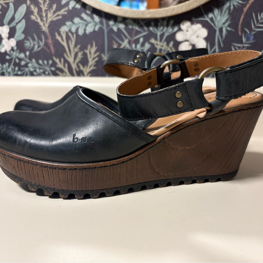 b.o.c. Black and Brown Mules with Rugged Wedge Sole